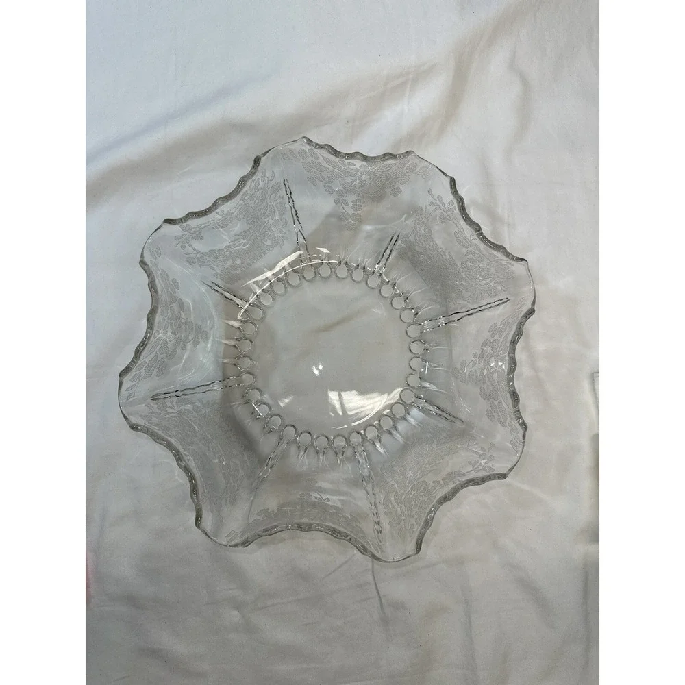 Viking‎ New Martinsville Ruffled Crimped Bowl Meadow Wreath Etching